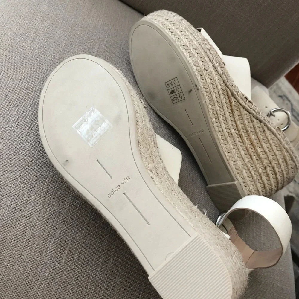 Dolce Vita Womens 10 Cream‎ Leather Espadrille Wedge Sandals Summer 4.5” Heel